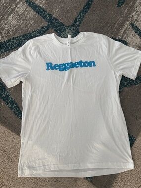 White Reggaeton Graphic T-Shirt with Blue Logo